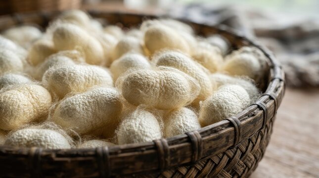 Raw white silkworm cocoons inside a traditional woven bamboo basket