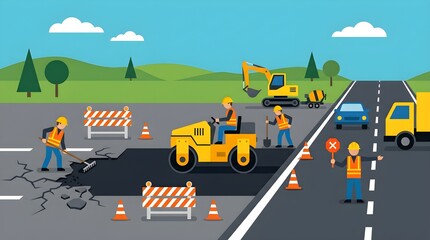 Naklejka premium Flat vector illustration of road repair and asphalt construction showing workers, road roller, excavator, dump truck, traffic cones, safety barriers, and vehicles near a highway work zone.