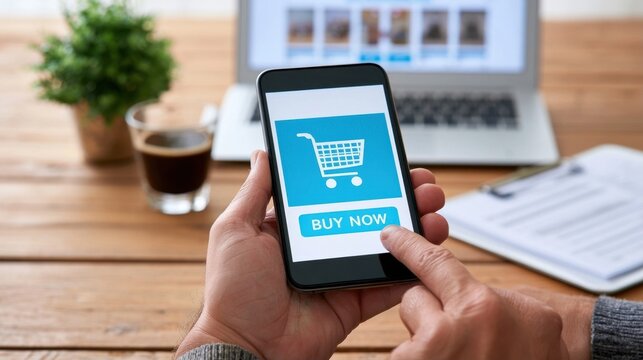 Person holding smartphone with shopping cart and buy now button on screen