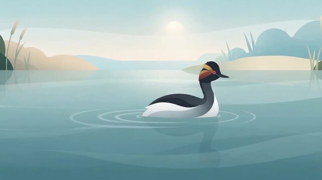 Stylized illustration of a graceful duck gliding on calm water during a serene morning, surrounded by soft hills and greenery