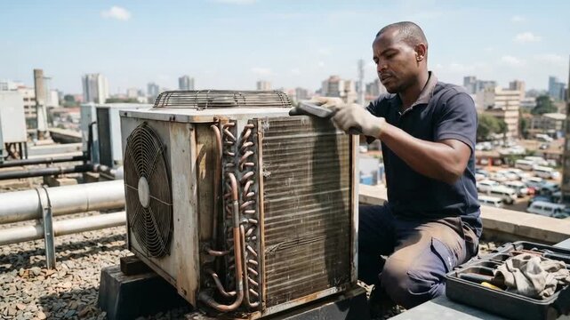 Technician cleaning an industrial air conditioning unit on a rooftop with a city skyline in the background