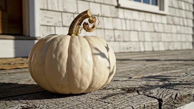 Single ivory pumpkin resting on cracked weathered porch boards in crisp afternoon sunlight, with curled stem, coastal shingle siding, long shadows, rustic texture, and quiet seasonal farmhouse mood