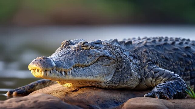 Detailed close-up of a wild crocodile basking on a rock at the river edge during golden hour.