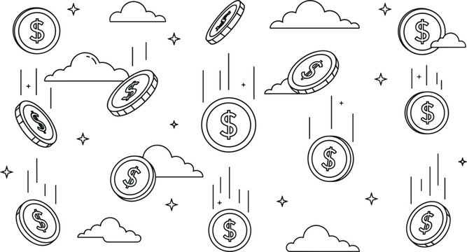 Falling Dollar Coins Rain Background and Line Icon Vector Graphic Pattern Featuring Motion Drops Sparkles and Minimalist Sky Clouds Design Elements