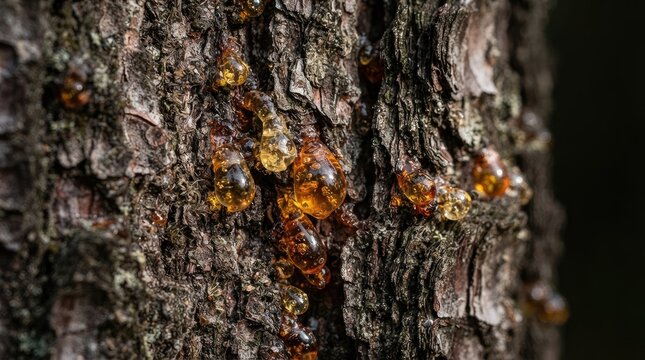 Close-up of golden amber resin droplets oozing from pine tree bark