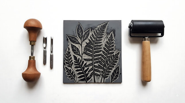 Linocut Printmaking Tools and Fern Block Print Design