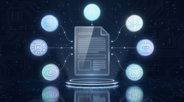 Holographic file document icon surrounded by artificial intelligence technology network nodes and machine learning data visualization in digital dark blue cyber space environment