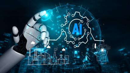 Obraz premium Futuristic Robot Hand Interacting with AI Technology and Industry Graphics in a Digital Landscape Quark.