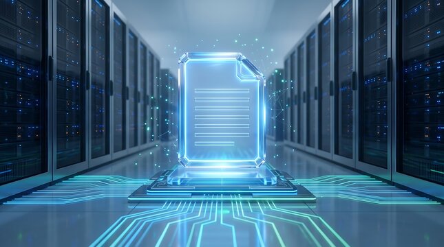Glowing glass document icon on pedestal in server room with abstract network data particles and blue neon light effects in a high tech computing environment