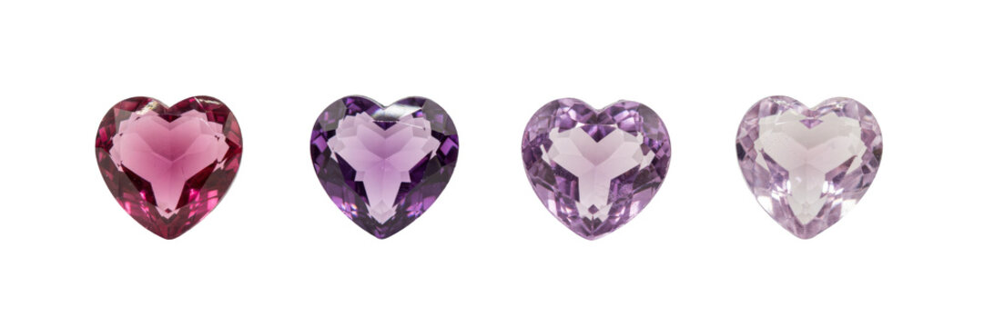 Four heart shaped gemstones in varying shades of purple and pink arranged in a horizontal row on white isolated on a transparent background