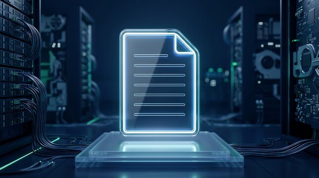 Glowing digital document file icon floating over data center server racks representing secure cloud storage and information management in high quality professional 3D render