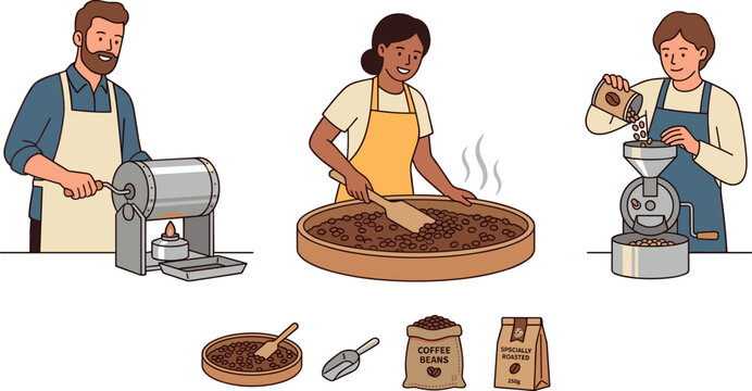 Coffee Roasting Processing and Manual Grinding Craft Icon Set with Roaster Spinning Drum Cooling Hot Beans and Pouring Seeds into Grinder Vector Illustration