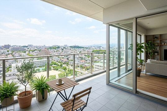 青空と都市景観を望む高層住宅の高層マンションの開放的なバルコニーとリビング｜タワーマンション・眺望のイメージ