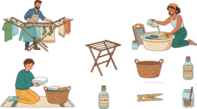 Eco Friendly Laundry Management and Sustainable Clothing Care Icon Set with People Hand Washing Garments in Tub Hanging Clothes on Wooden Rack and Folding Clean Linens Vector Illustration