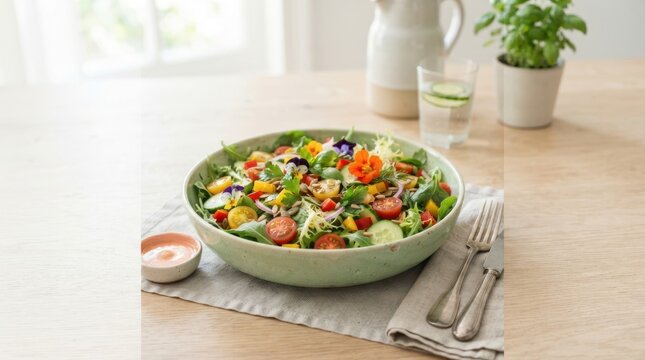 Vibrant edible flower salad with fresh vegetables and seeds on a wooden table