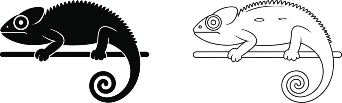 Chameleon Black and White Icon vector illustration featuring stylized lizard perched on branch with exotic animal and wildlife design elements
