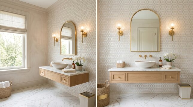 Elegant bathroom vanity with marble countertop and hexagonal tile backsplash