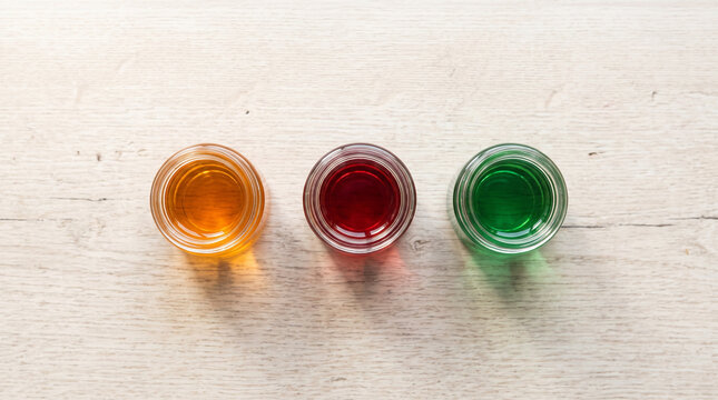Three Colored Glasses on Wooden Surface