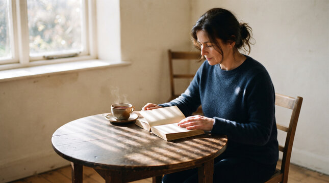 Woman reading book at table with coffee