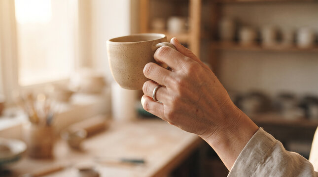 Hand holding ceramic cup in kitchen