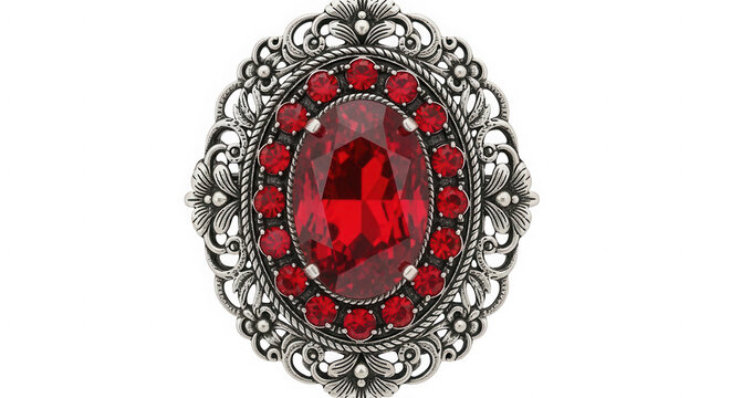 Vintage oval brooch with red ruby gemstone and silver ornate filigree isolated on transparent background