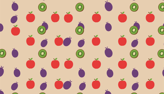 Seamless pattern with apples kiwis and plums in cute simple style scattered over a light beige background.