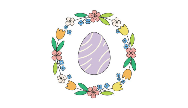 Decorative pastel purple Easter egg decorated with stripes and surrounded by a beautiful circular spring floral wreath.