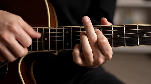 Hands playing jazz guitar chords on fretboard in music studio with soft indoor lighting