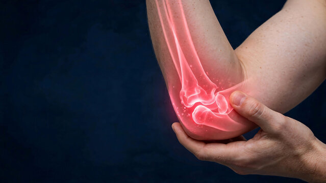 Medical visualization of a human elbow with X-ray bone structure and glowing red joint area, representing joint pain, injury, and orthopedic healthcare.
