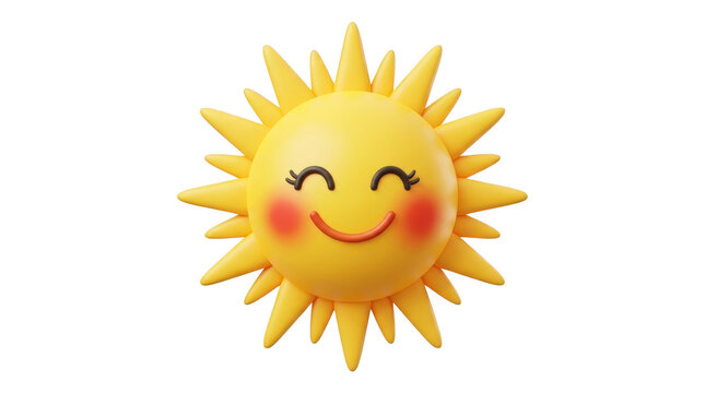 A cute 3d rendered sun character with a happy smiling face and rosy cheeks, isolated on transparent background