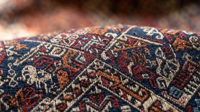 Detailed close-up of traditional hand-woven Persian rug texture with ethnic patterns
