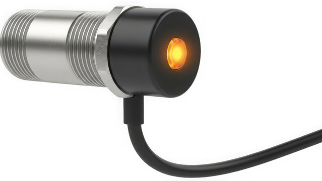 Industrial metal proximity sensor with glowing orange warning light isolated on transparent background