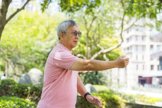 Elderly asian man practicing tai chi form in green park setting