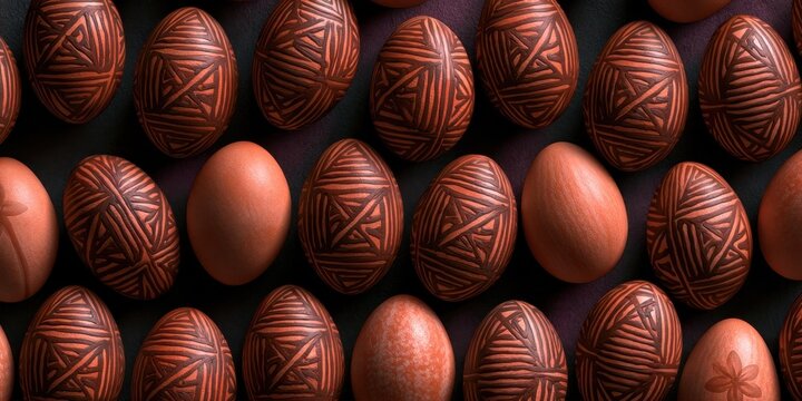 Rows of dark brown carved wooden easter eggs with intricate geometric patterns displayed on a dark surface