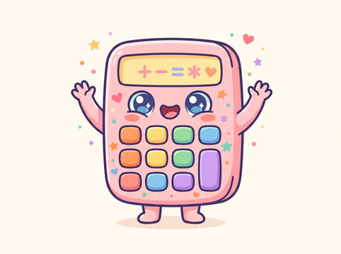 Cute pink cartoon calculator mascot celebrating with raised arms, sparkly eyes, math symbols on screen, and surrounding stars and hearts.