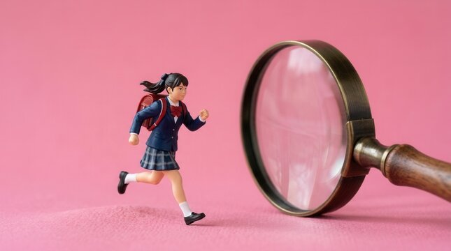 Searching For Education Tiny Student With Magnifying Glass Represents Discovery