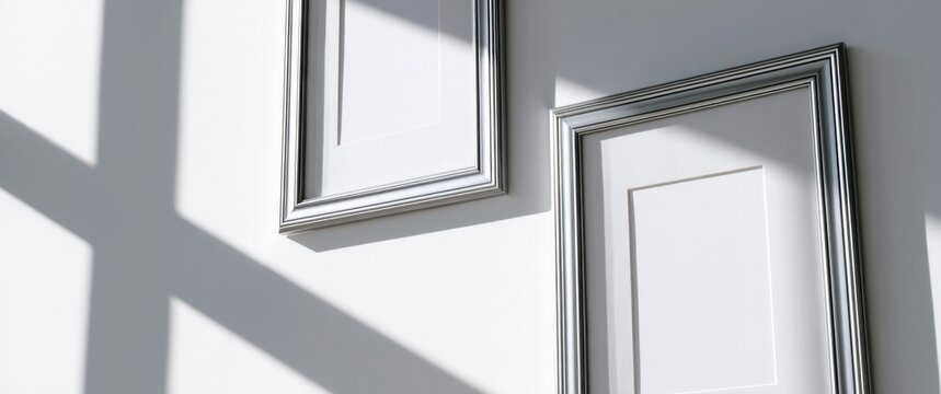 Two empty silver frames on a white wall with diagonal shadows
