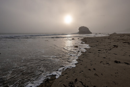 Sun glowing through thick marine fog over sandy beach and sea stack rock outcrop at San Simeon Creek Beach in Cambria California USA in August 2026