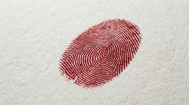 Single Red Fingerprint Impression Detailed Macro View On Textured Paper Surface