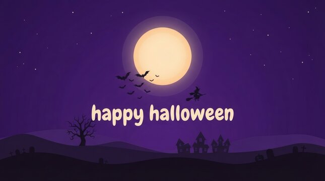Minimal Flat Design Purple Sky Large Glowing Moon Small Bat Silhouettes Happy Halloween Text

