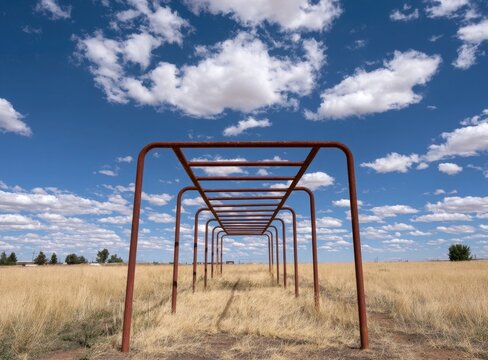 Rusty metal monkey bar structure in open grassy field under blue sky