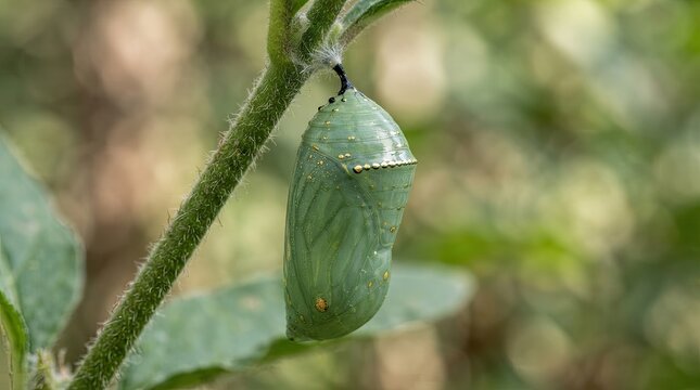 Close-up of a green monarch butterfly chrysalis hanging on a plant stem