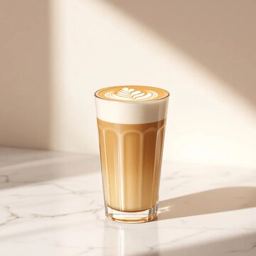 Close-up of a latte with foam art. Barista preparing coffee beverage with creamy milk froth in a glass cup.