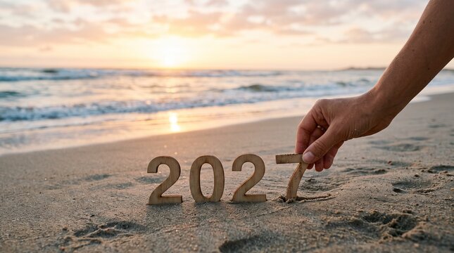 A hand placing the final digit to complete the year 2027 on a sandy beach at sunset. 