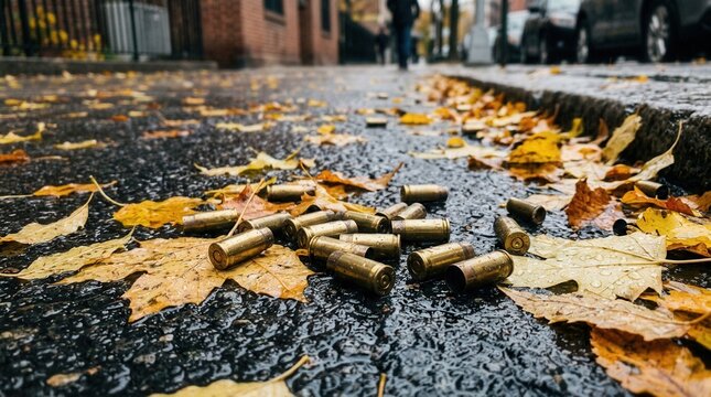 Spent Bullet Casings Scattered Among Autumn Leaves On Wet Pavement