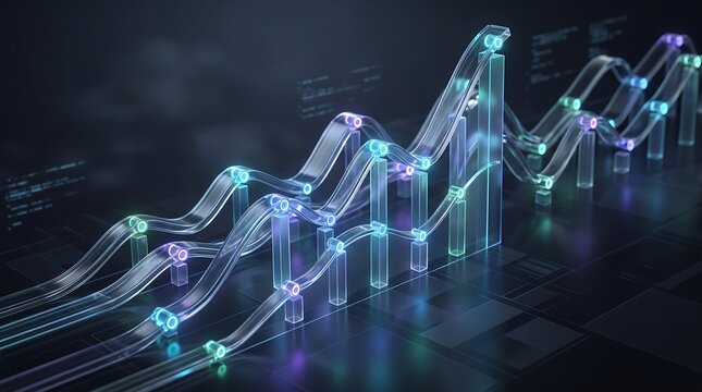 Transparent 3D growth charts with rising trend lines on digital grid surface symbolizing business success and advanced financial analytics for corporate performance reporting