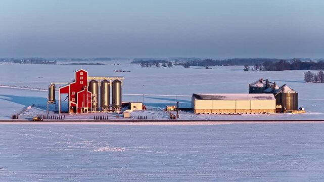 Aerial view of a red grain elevator and storage silos surrounded by a vast snow-covered landscape under a clear winter sky in LATVIA.