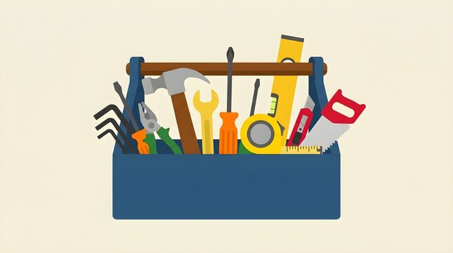 Flat vector illustration of a construction toolbox filled with essential hand tools including hammer, wrench, screwdriver, pliers, hacksaw, measuring tape, and other equipment. Concept of professional