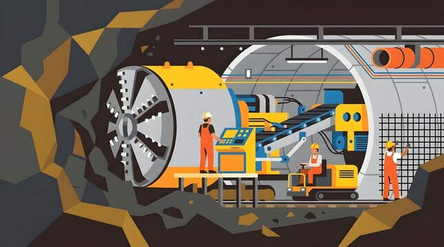 Flat vector illustration showing workers operating heavy machinery during underground tunnel construction. Features a large tunnel boring machine, drilling equipment, conveyor system, excavated rock, 