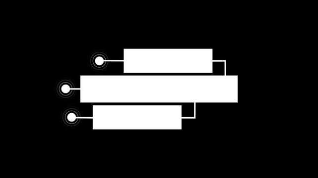 Clean Minimal Infographic Layout with Connected White Rectangles and Circular Nodes on a Black Background. HUD Interface with Connected Geometric Frames